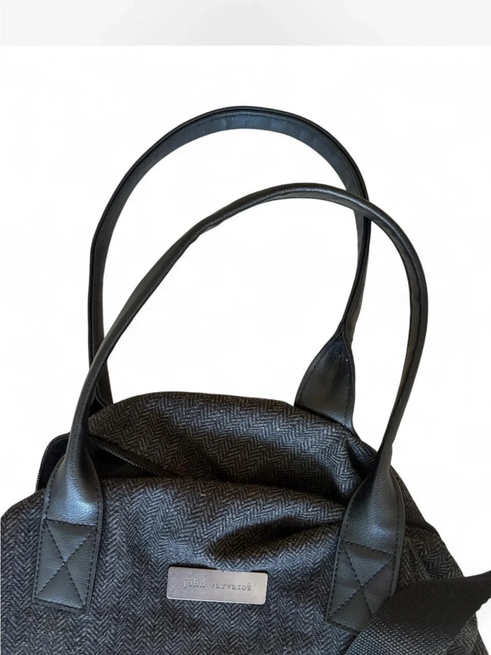 John Varvatos Gray Herringbone Tote with Black Trim